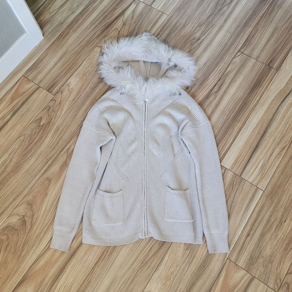 Passioni Germany Hooded Fox Fur Trim Ribbed Knit Sweater Coat in Beige